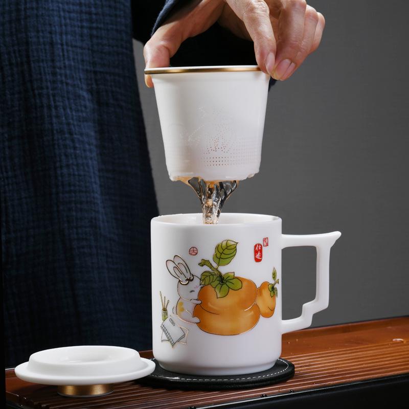 Handmade Mutton Fat Jade Porcelain Mug with Lid and Filter - Luxury Office Teacup