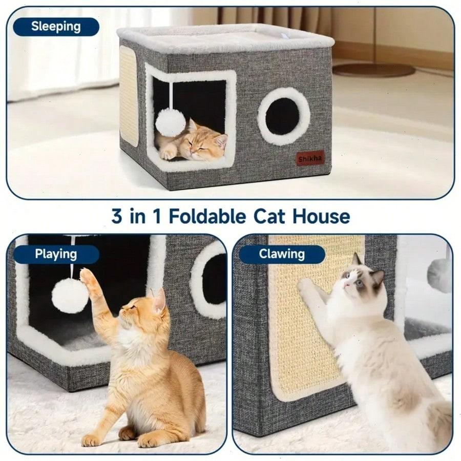 Luxury 4-Season Multi-Level Cat House: Foldable Indoor Play Cube with 2-Layer Bed, Toy Tunnel, Scratching Board, Climbing Rope, Soft Cushions