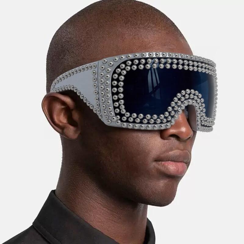 Attractive Glasses Men's Silver Oversized Fashion One-Piece Goggle Sunglasses For Punk Exaggerated Bead Fashion Shades For Wo Eyewear Gafas De Sol
