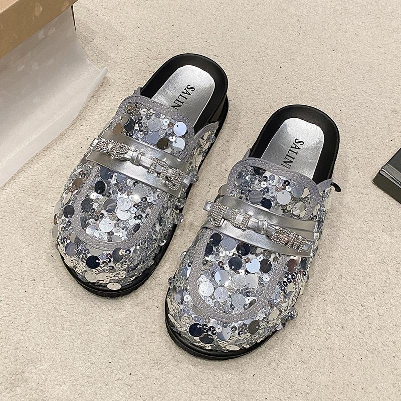 Bling Platform Mules Slippers Women Flat Sandals Casual Loafers Shoes Woman 2025 Trend Comfort Elegant Dress Summer Slides Mujer