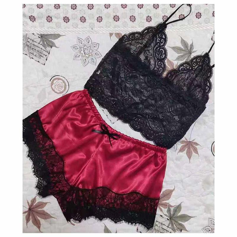 

Комплект шелковых атласных топа и шорт - Прозрачная кружевная отделка Сексуальная одежда для сна Линжери Пижама для женщин S красный