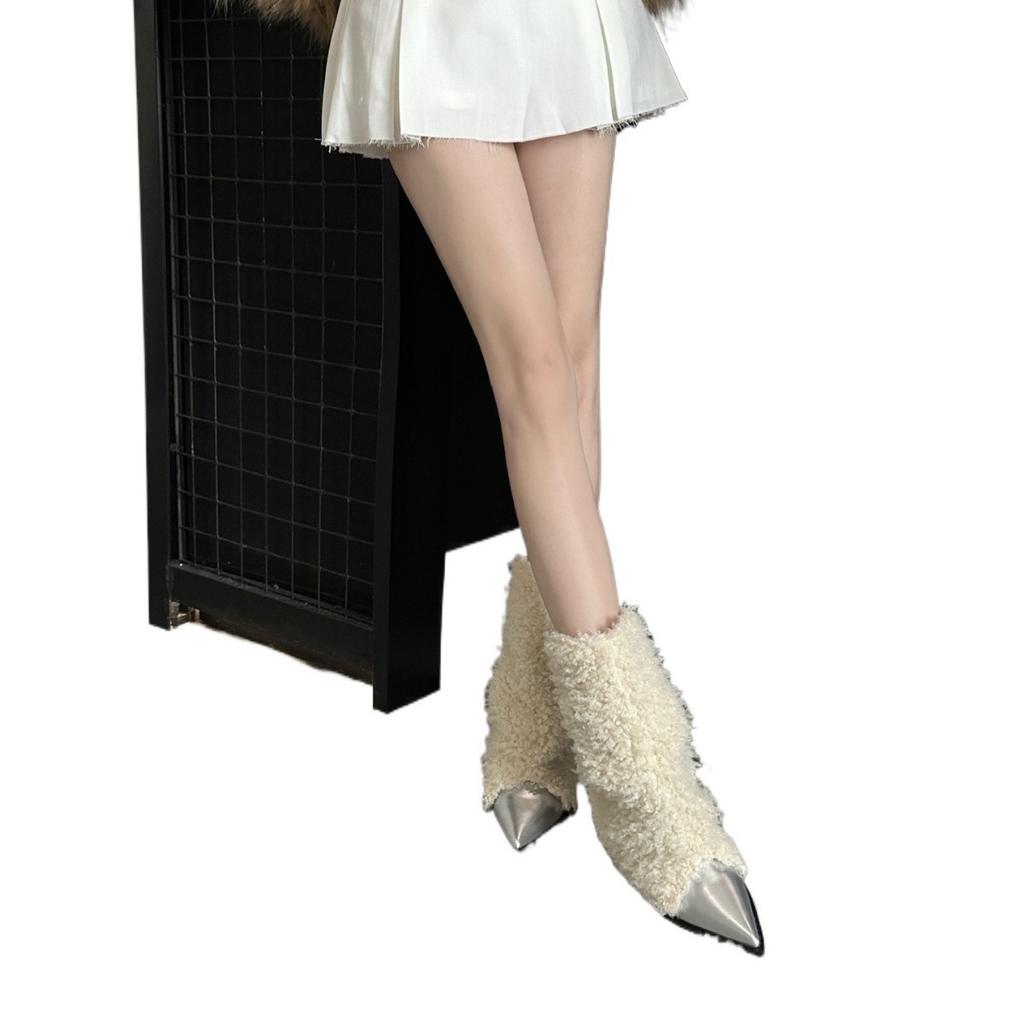 Sheep curly splicing pointed short boots autumn and winter new fashion mid-tube boots Internet celebrity fashionable mid-heel trouser boots