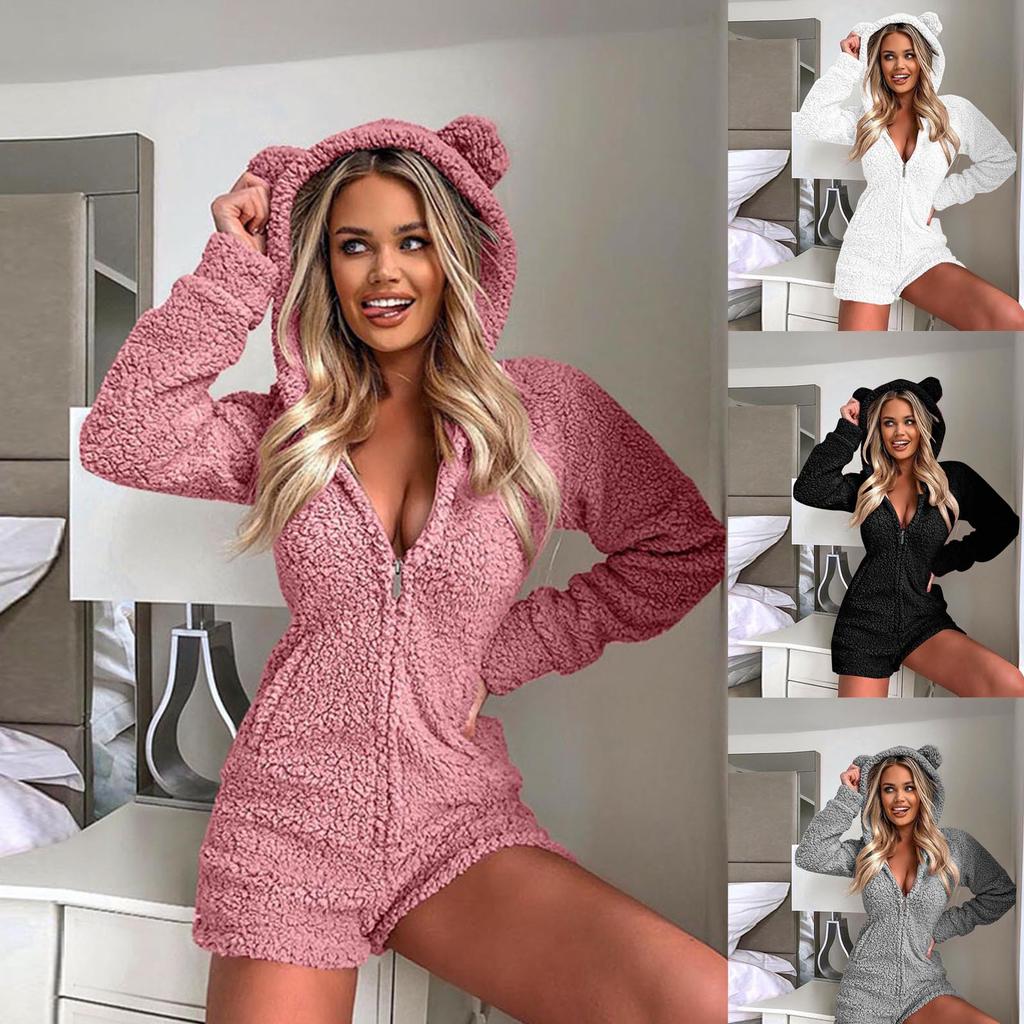 Women Long Sleeve Hooded Jumpsuit Pajamas Casual Winter Warm Rompe Sleepwear