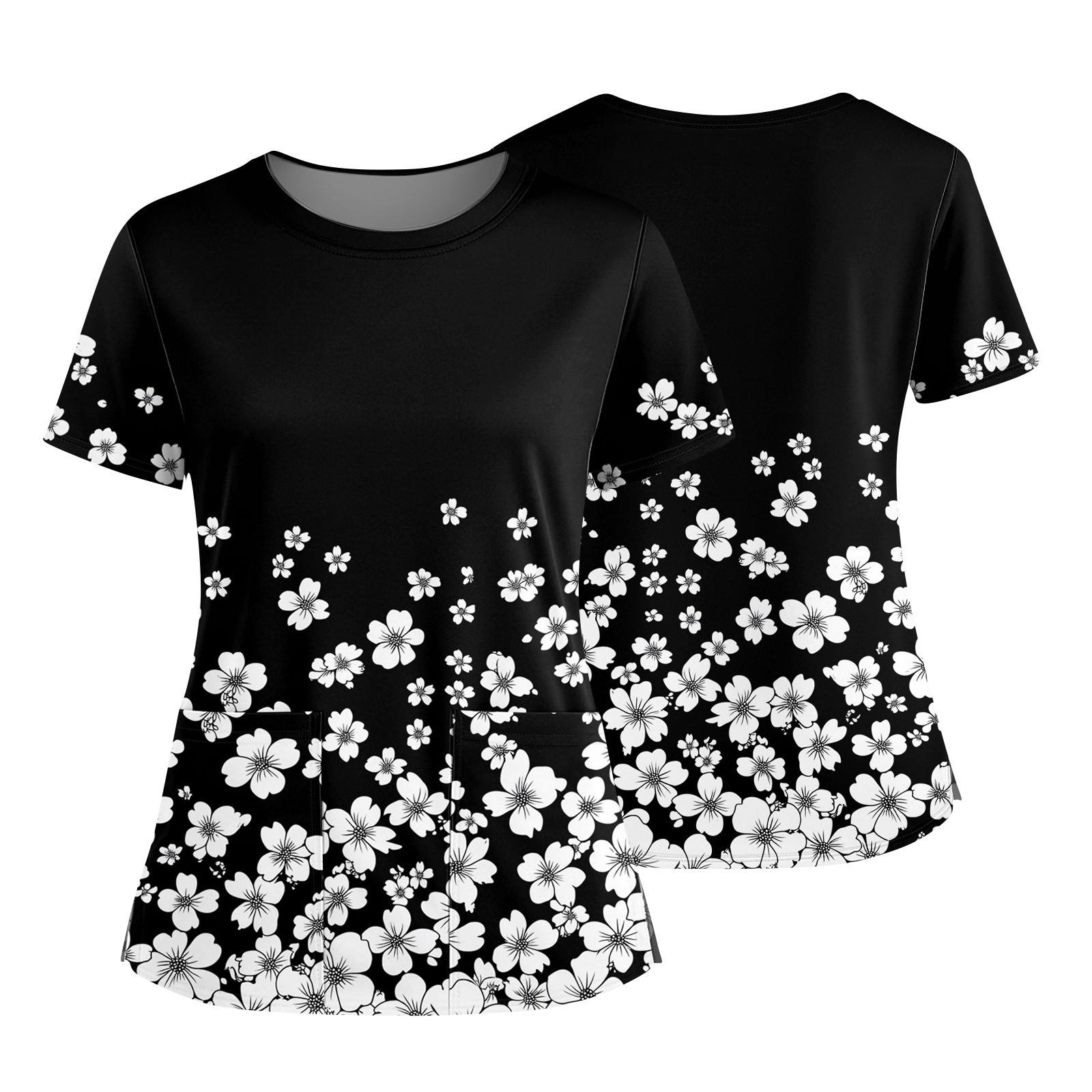 

Женская модная футболка с принтом, круглым вырезом, карманом, короткими рукавами и разрезом по низу, униформа и рабочая блузка XL чёрный