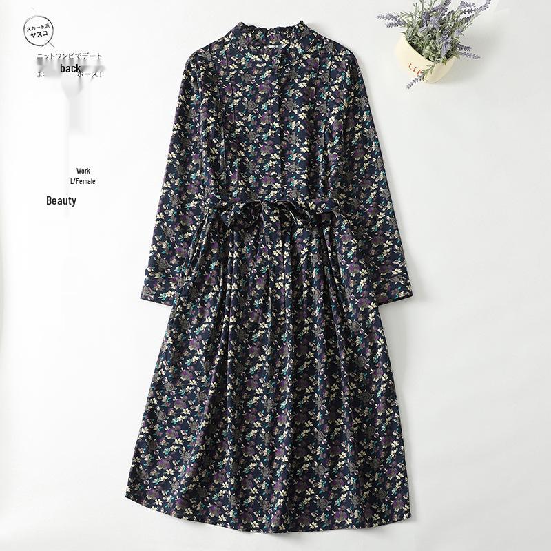 2026 Spring Retro Floral Midi Dress with Ruffle Collar and Tie Waist