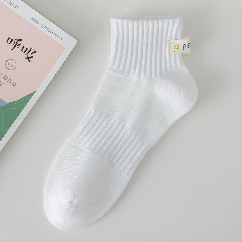 Solid Color Cotton Sports Socks for Women, Summer Thin Style for Women, Cartoon Embroidered Fabric Label Boneless White Short Socks