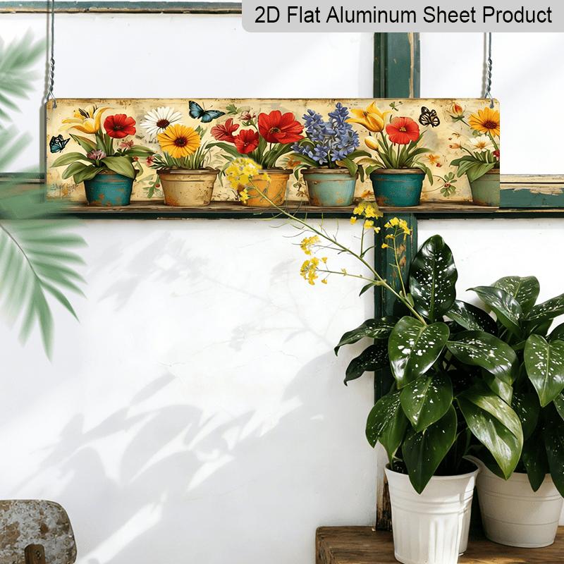 2D Flat, 1pc Vintage Botanical Aluminium Decorative Sign - Blooming Flowers & Butterflies Painting, Wooden Grain Aluminium Panel, 5x16 Inch Flat