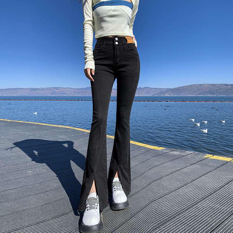

High-Waisted Split Denim Flare Jeans for Women - Versatile Slimming Draping Pants for Spring and Autumn L