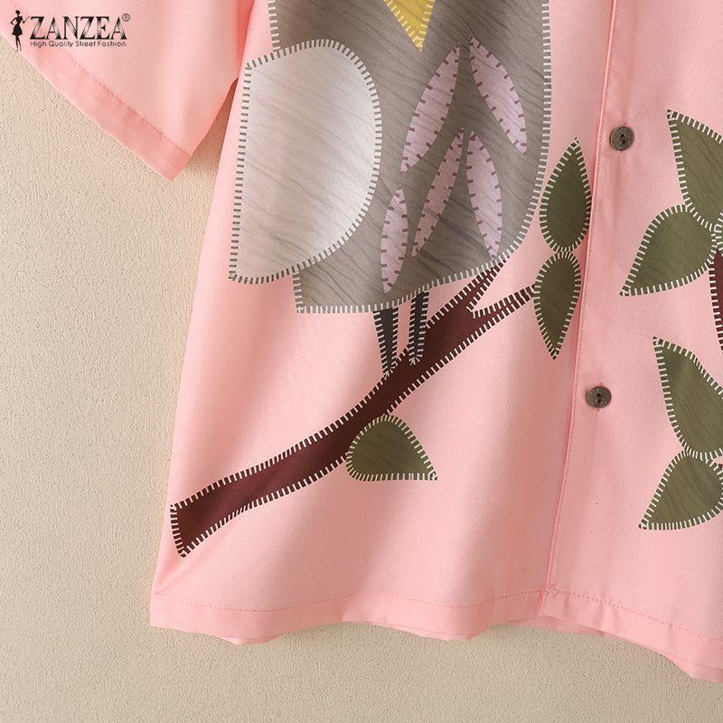 ZANZEA Women Casual Turn Down Collar Loose Short Sleeve Print Blouse