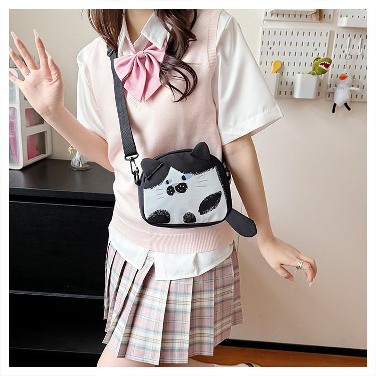 Cute Cat Mini Shoulder Bag With Cotton Material And Zipper Closure For Daily Use