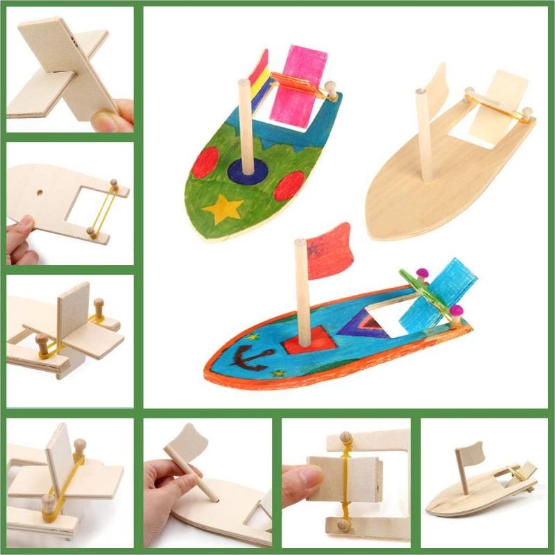 1Pc DIY Wooden Sailboat Rubber Band Paddle Boat Paint and Decorate Wooden Sailboat for Birthday Carnival Party DIY Craft