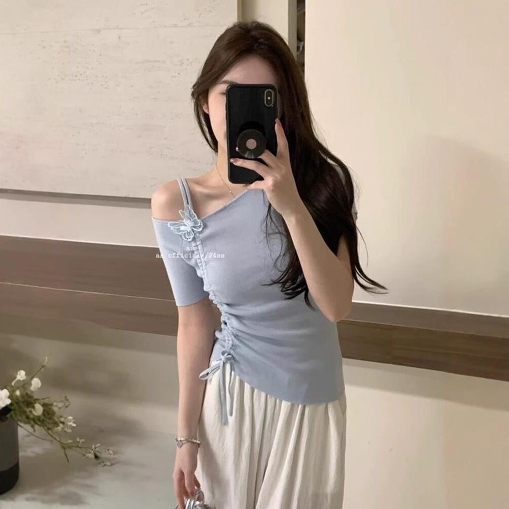 

Женский трикотажный топ на одно плечо светло-голубого цвета с нерегулярной кулиской и высоким дизайном от Baby Lightweight Summer Collection One Size (up to 125 lbs) синий