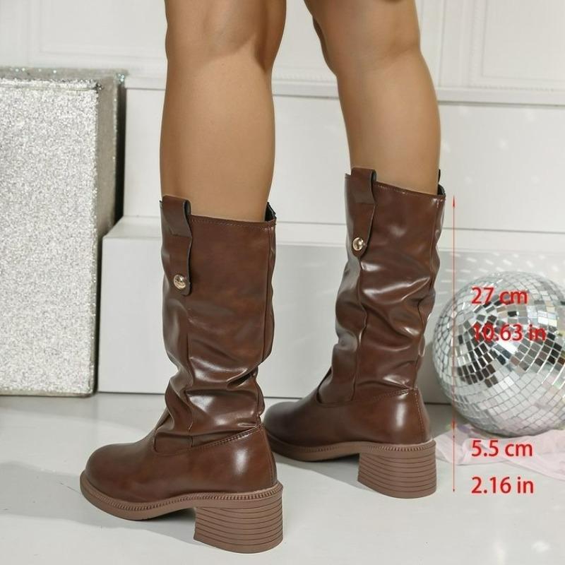 Western Cowboy Boots Women'S Spring And Autumn New Round Toe Sleeve Soft Leather Middle Cylinder Pile Boots