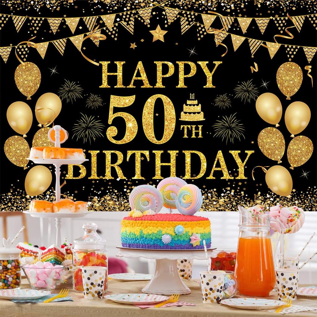 50th Birthday Decorations for Men Women - Happy 50th Birthday Banner Party Decorations Black Gold 50 Years Birthday Party Suppiles Background for