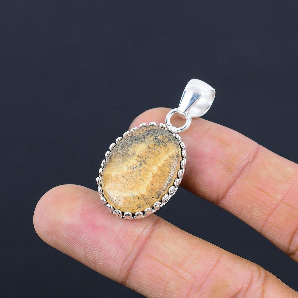 925 Sterling Silver Picture Jasper Gemstone Sister Artisan Bezel Pendant Jewelry