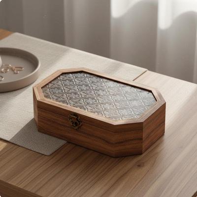Glass Top Wooden Box Dustproof Retro Cosmetic Organizer Lidded with Clasp Vintage Jewelry