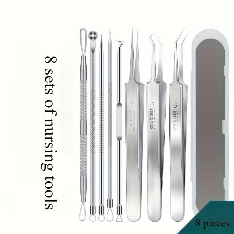 

8pcs Stainless Steel Blemish & Pore Extractor Set - Professional Facial Care Implements for All Skin Types -Comedone Remover Kit белый