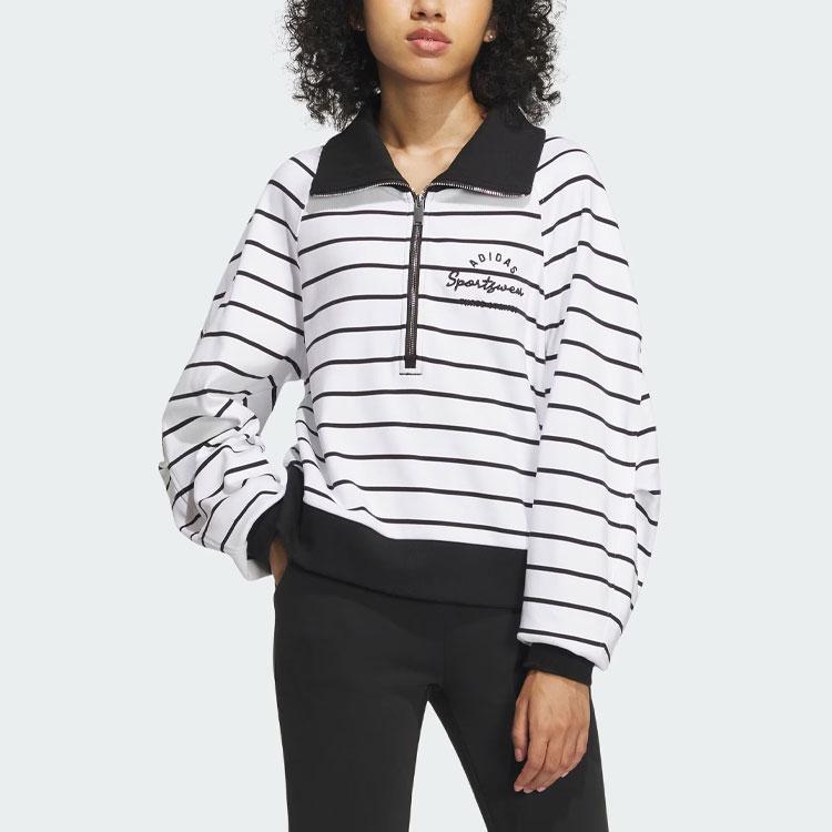 Adidas Verbiage Half-Zip Striped Sport Casual Long Sleeve T-Shirt Women Tops Black White IZ4572