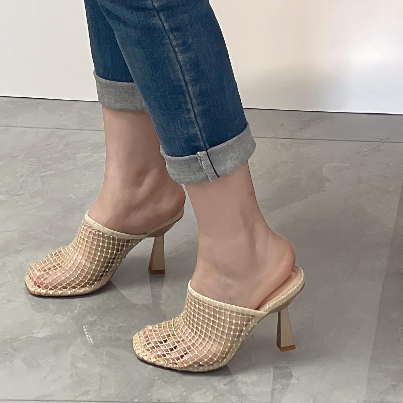 Fashion 2025 New Summer Shoes Women Sexy Hollow Mesh Square Toe Shoes for Women High Heels Summer Party Pumps Apricot Black