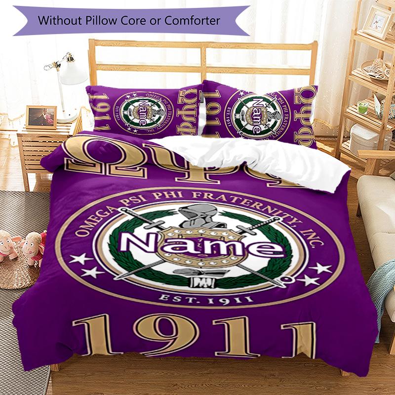 3pcs Custom Name Cartoon Omega Psi Phi Bedding Set Duvet Cover Closure Includes 1 Duvet Cover & 2 Pillowcases for All Seasons Bedroom Decor