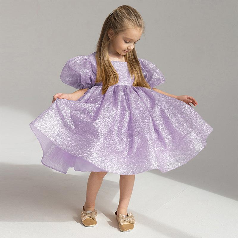 Bubble Sleeve Princess Dress Flower Girl Baptism Gown for Kids' Party Piano Performance Pageant