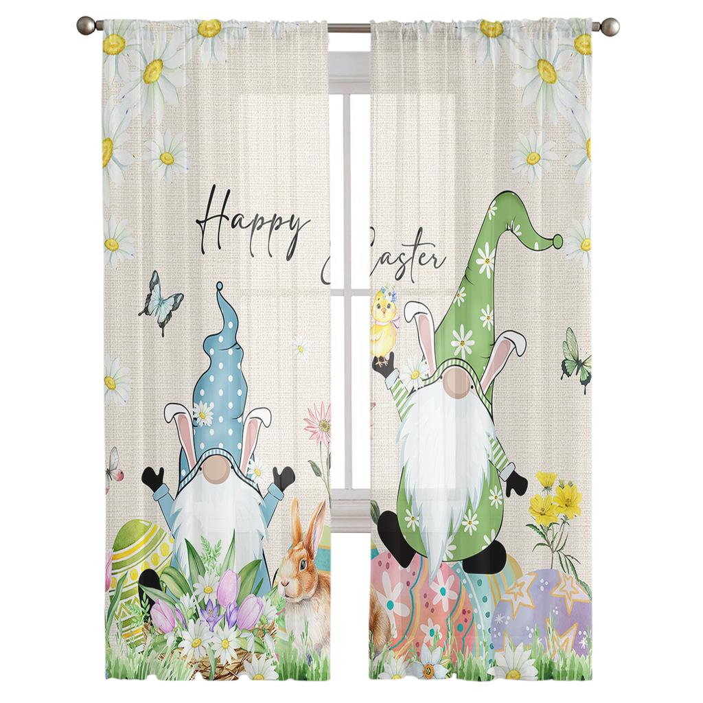 Easter Bunny Eggs Flower Dwarf Tulle Curtains For Living Room Bedroom Voile Sheer Curtain Window Home Decor Drapes