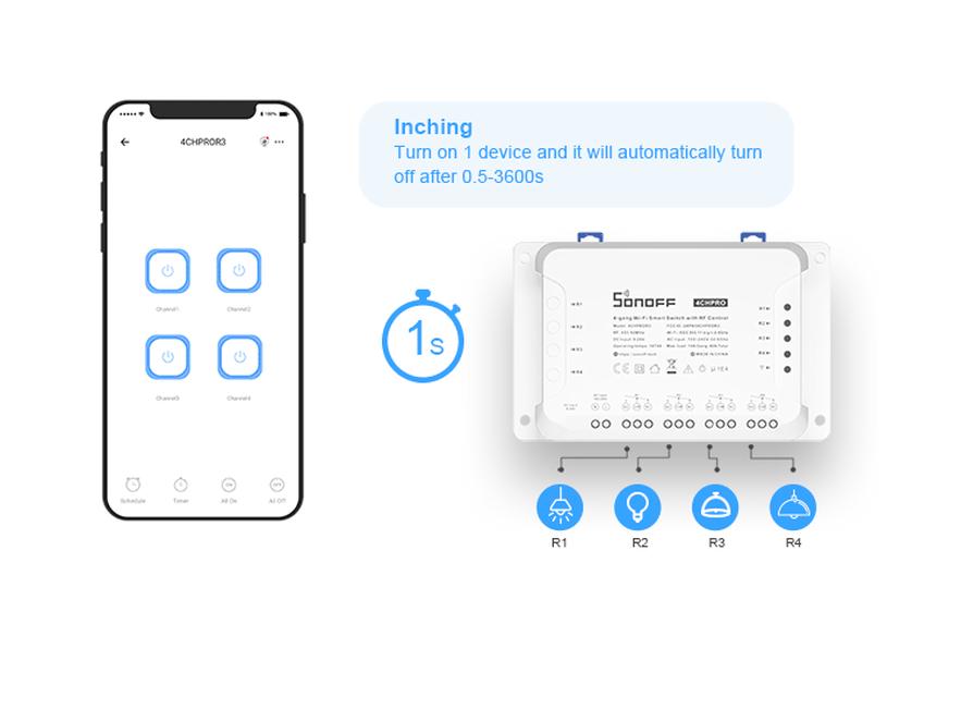 Sonoff 4CH PRO R3: Upgraded 4-way Smart Switch with Voice Control for Home Automation.