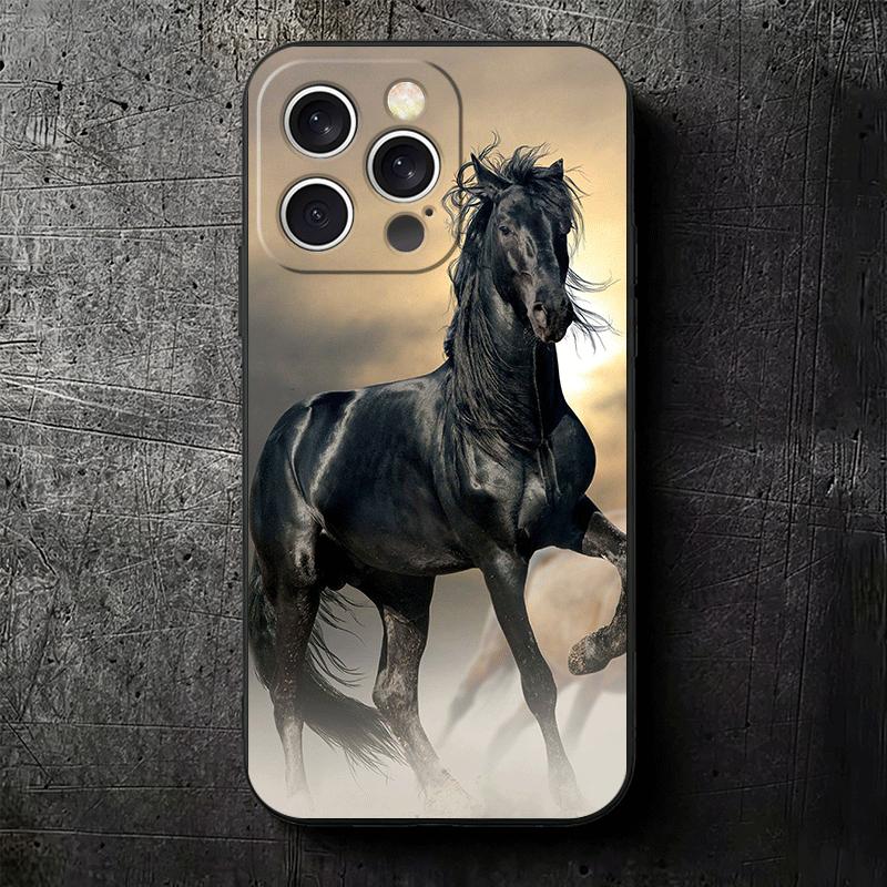 Black Horse Galloping Soft Phone Case for iPhone 16 16E 17 Air 15 Pro Max 14 Plus 13 Mini 11 12 7 Black Cover Back Shell