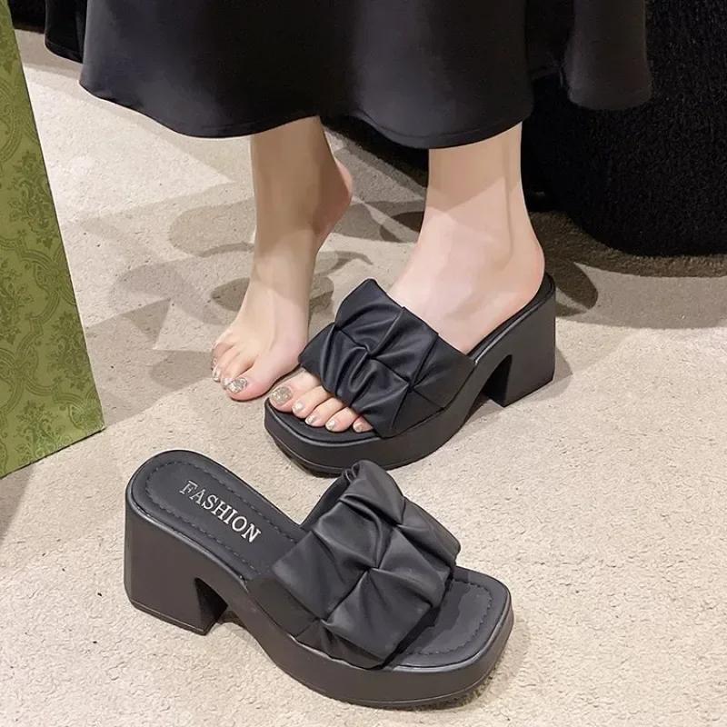 Ladies Shoes on Sale New Fashion Square Toe Anti-wrinkle Women's Slippers Summer High-heeled Casual Women Fish Mouth Shoes