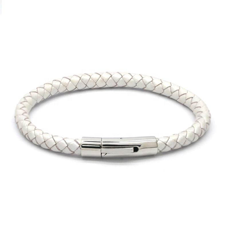September Promotion on New Design Braided Leather Mens Bracelet Woven Stainless Steel Snap Clasp Fashion Bangle 21.5cm белый
