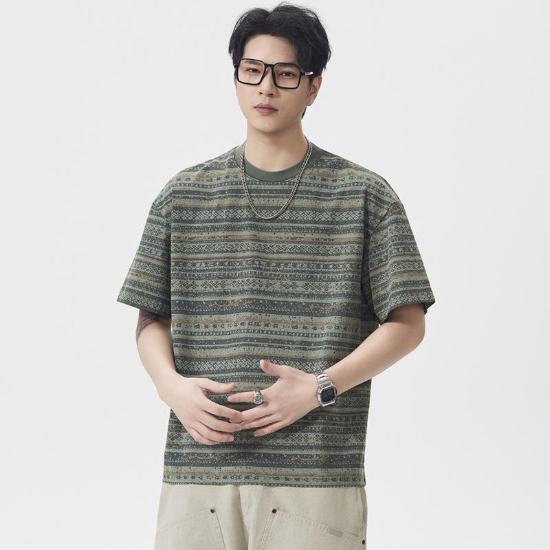 Men's Vintage Ethnic Striped Short Sleeve Loose T-Shirt