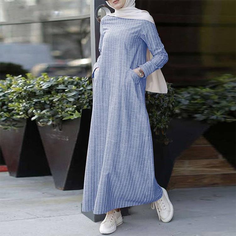 Women Plus Size Dress Retro Casual Clothing Long Sleeve Striped Cotton Linen O-neck Dresses Loose Elegant A-Shaped Dress