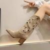 Stivali da Donna a Metà Polpaccio Stile Retrò in Pelle Scamosciata Casual con Tacco Spesso Stivale Ricamo Classico Stivali da Cowboy Occidentali per Donna Stivali con Design Traforato