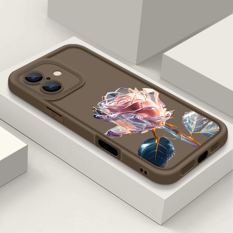 Pink Crystal Rose Pattern Shockproof Phone Case for iPhone 16 15 14 Plus 13 12 11 Pro Max Xs Xr 8 7 Matte Tpu Soft Lens Protection Anti-Fall Cover