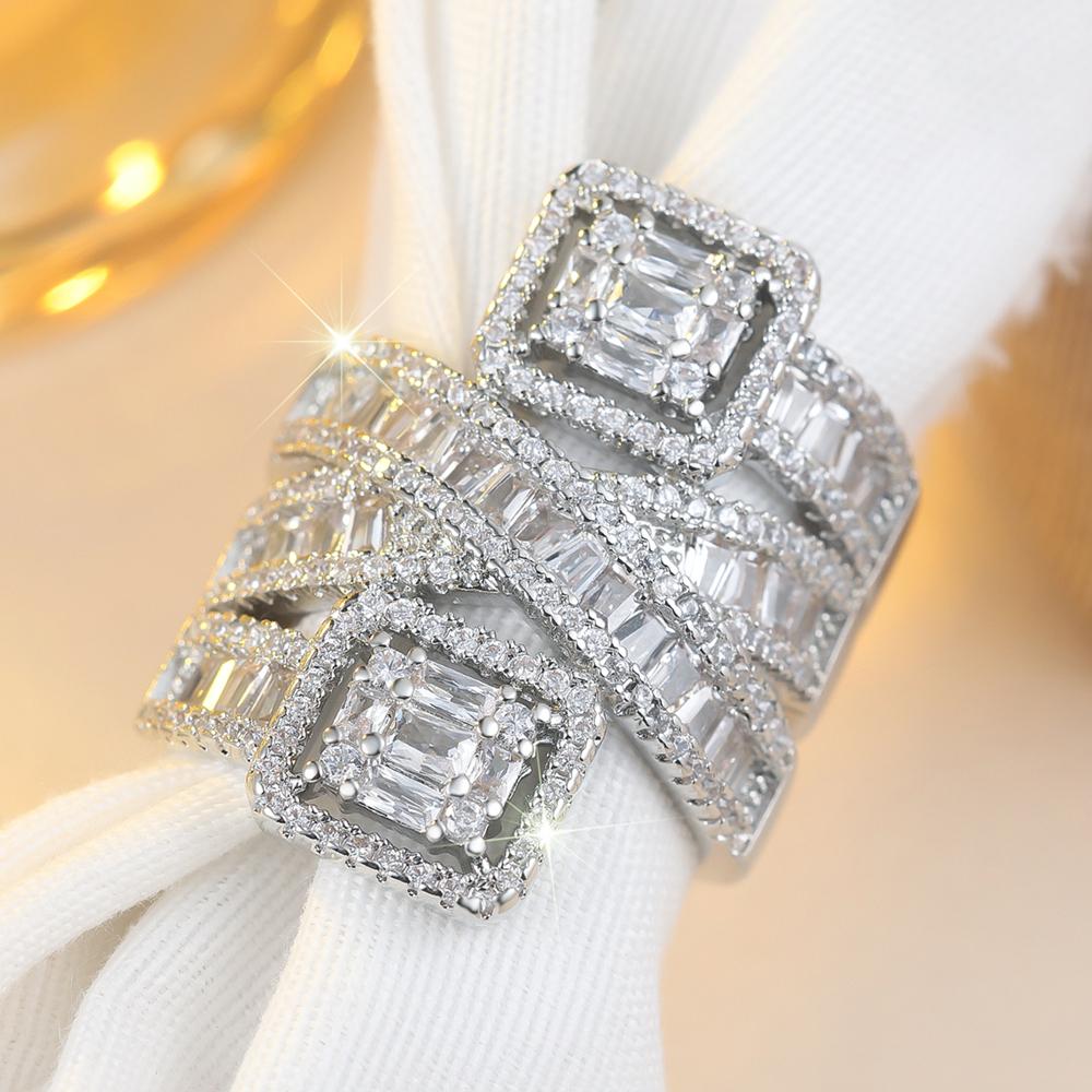 Sparkling Rectangular White Zircon Geometric Rings for Women Wedding Engagement Jewelry Gift