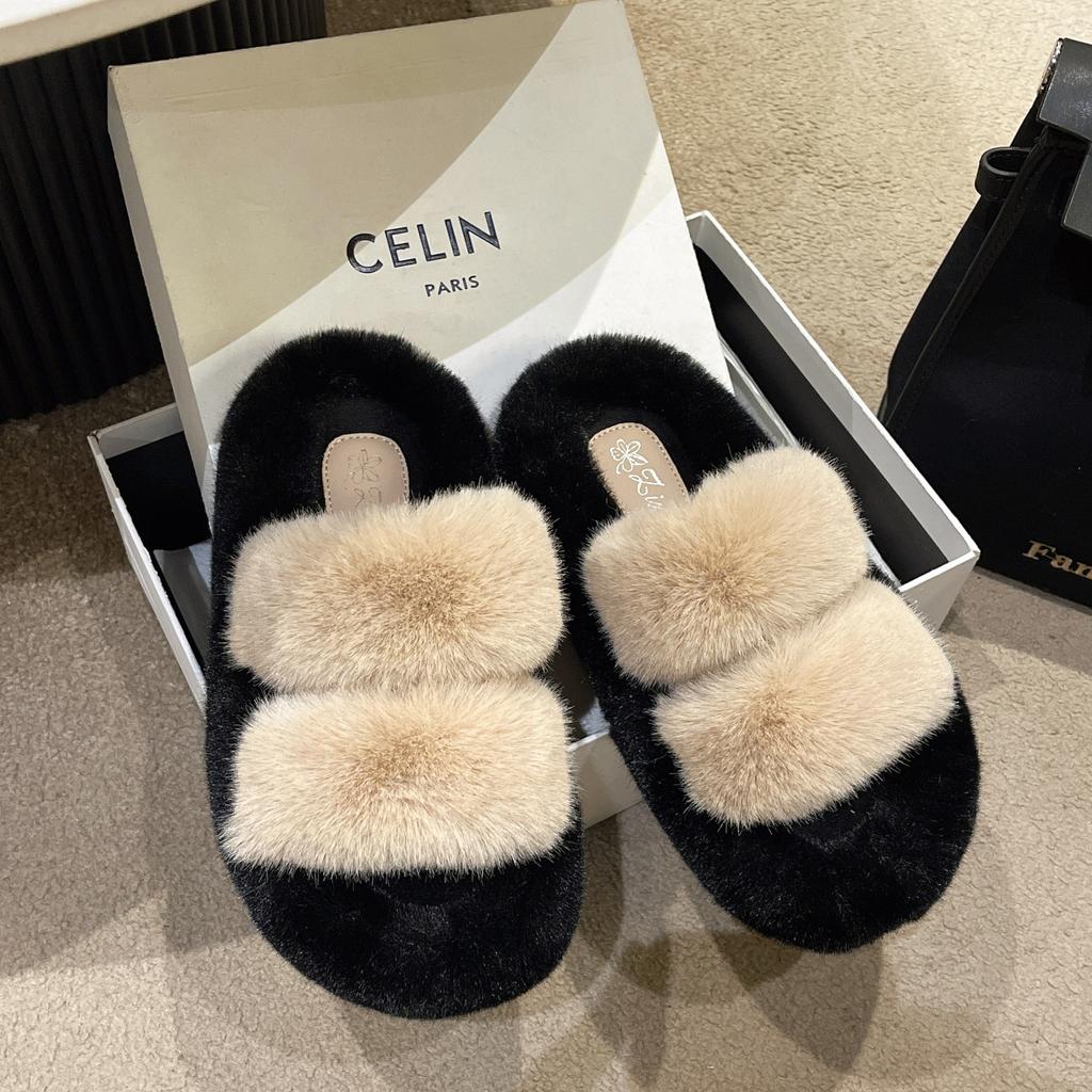 New color matching thick-soled fluffy slippers women's casual parallel bars fluffy shoes fashion home wear cotton slippers women