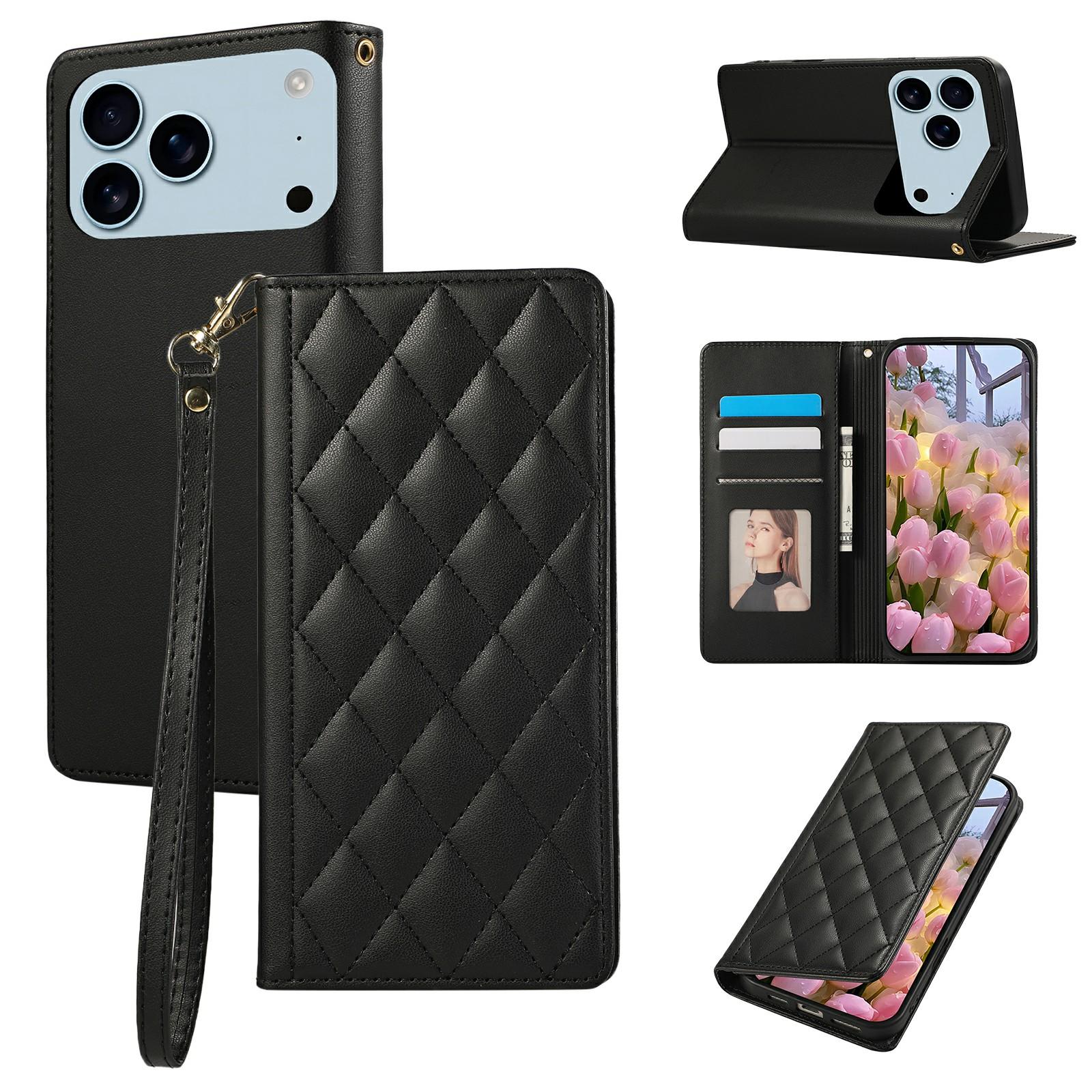 

For iPhone 17 Pro Max Case RFID Blocking Wallet Stand Rhombus Leather Phone Cover with Wrist Strap Black