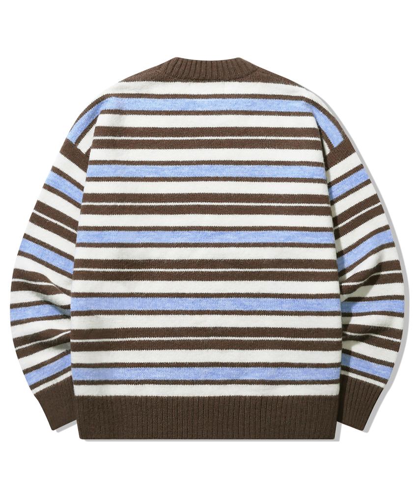 TRILLION Washable Hairy Stripe Crewneck Knit_Brown