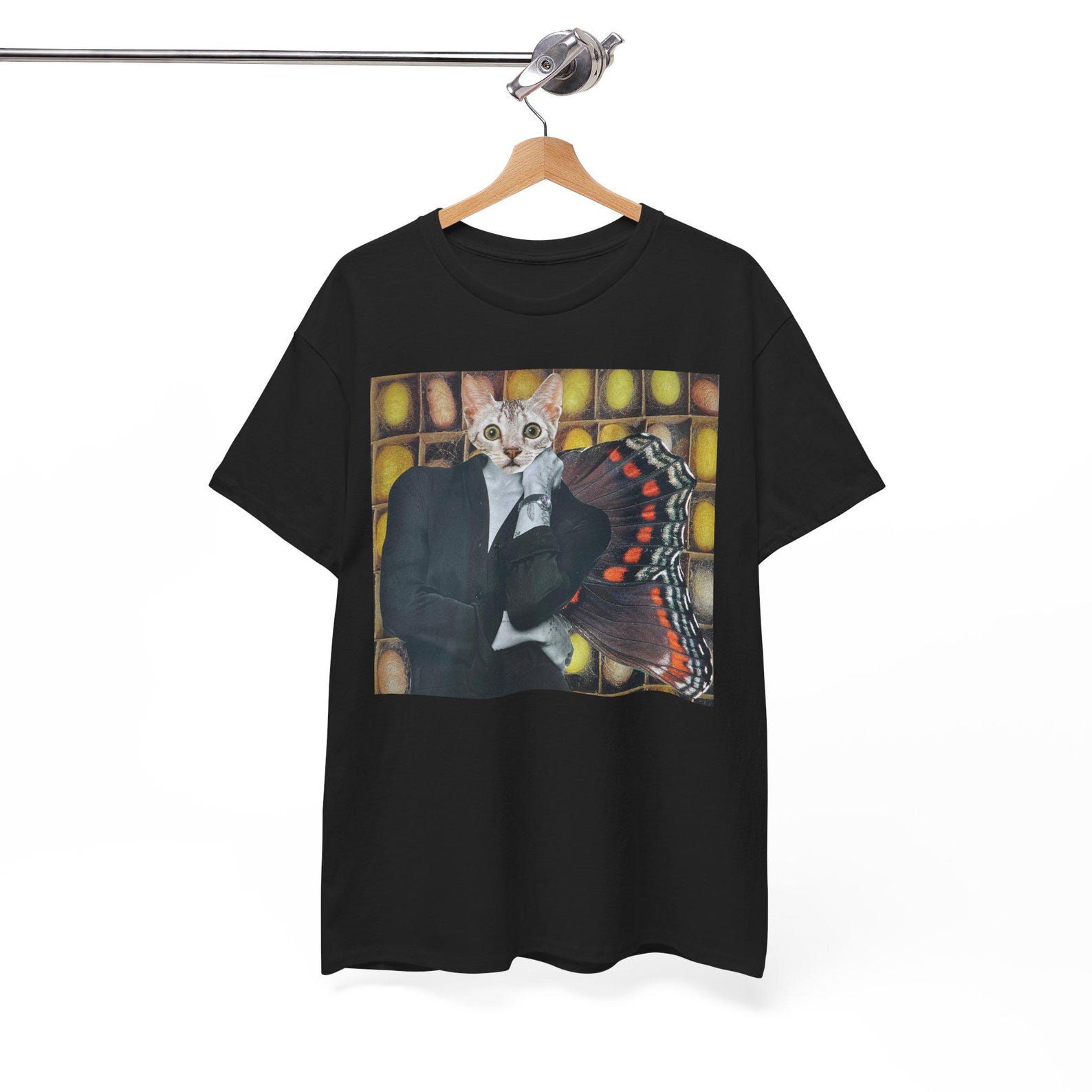 Surreal Cat Collage T-Shirt | Cat With Butterfly Wings Art Tee | Whimsical Animal Art Shirt | Unisex Cotton Graphic T-Shirt XL