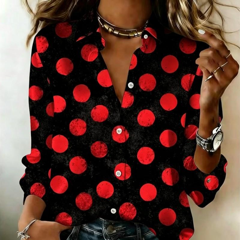 Women Satin Long Sleeve Shirt Big Polka Dot Print Blouse Lapel Single Breasted Loose Office Tops