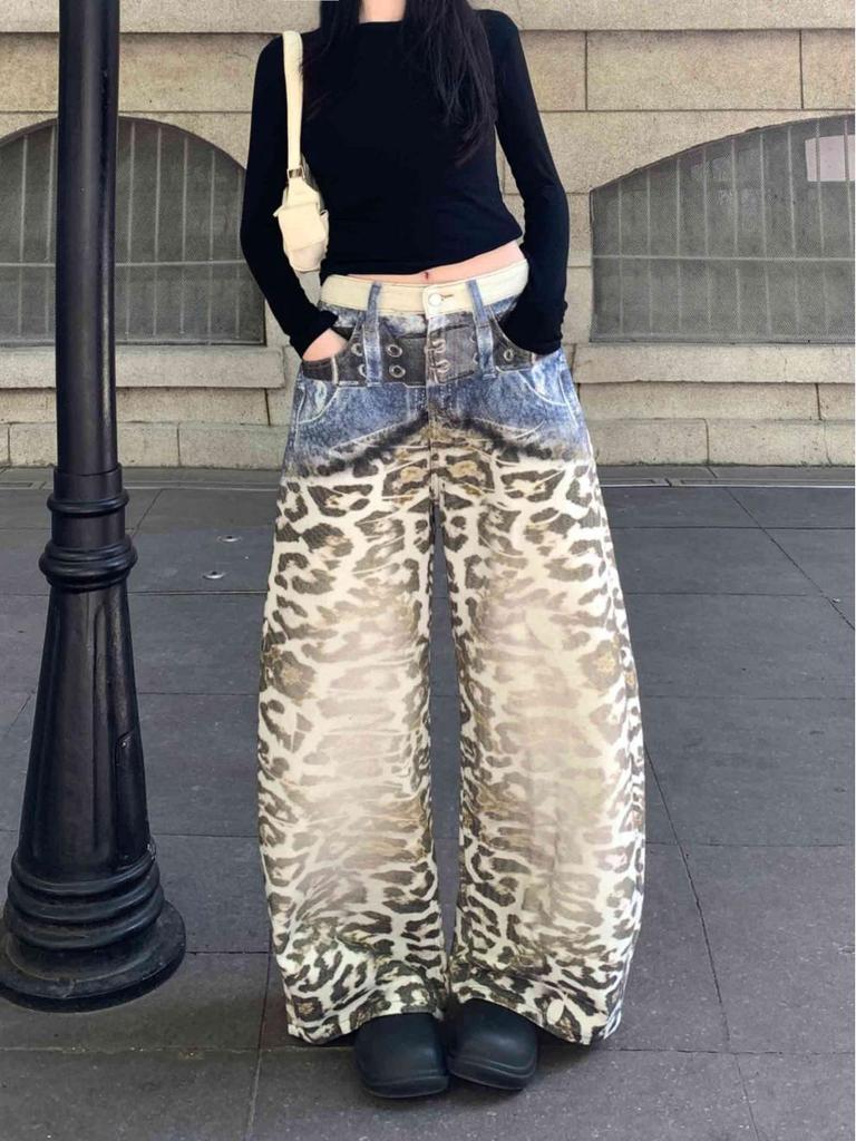 Women's American Retro Leopard Print Wide-Leg Jeans