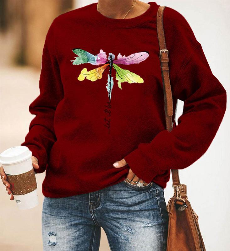 

Свитшот с длинным рукавом и круглым вырезом с рисунком стрекозы для женщин XL кларет