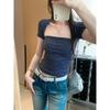 In Stock: Hot Girl Sexy Striped Wide Neck Ruched Cropped T-shirt, Summer 2026 New Arrival
