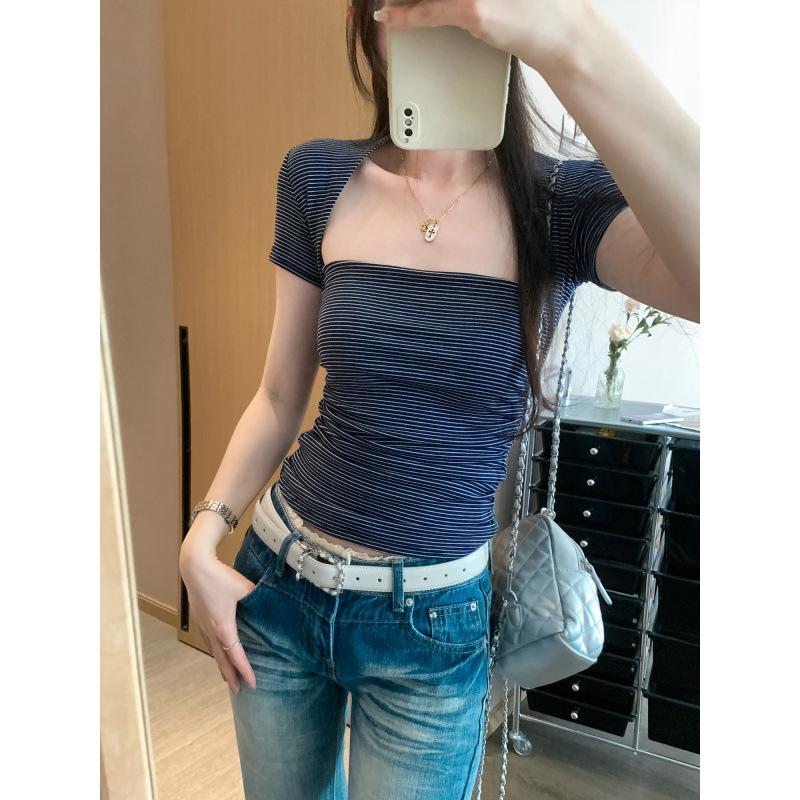 In Stock: Hot Girl Sexy Striped Wide Neck Ruched Cropped T-shirt, Summer 2026 New Arrival