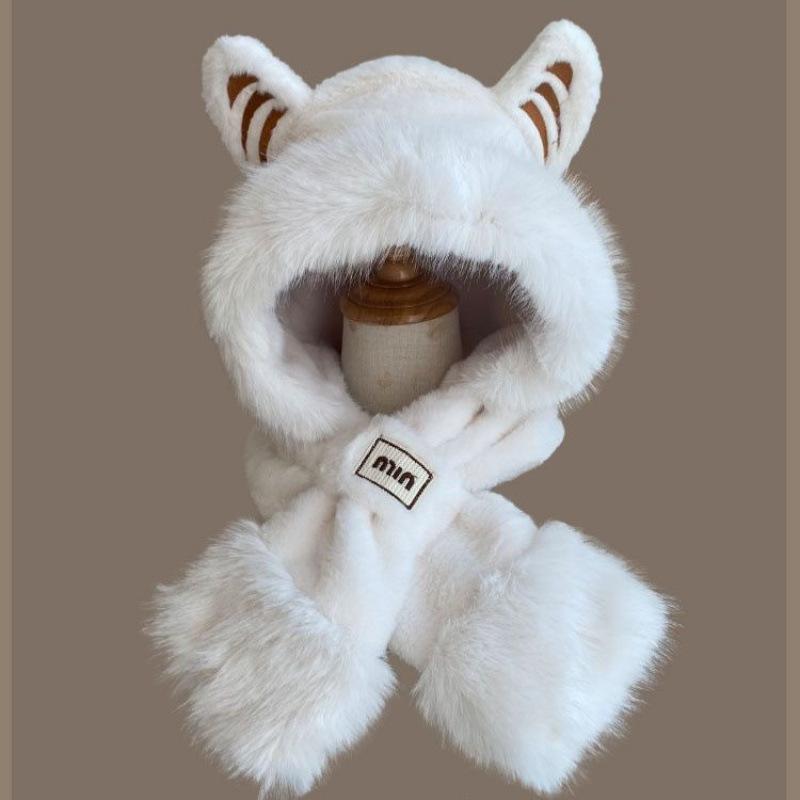 Hat Winter Fluffy Fire Fox Ears Warm Ski Scarf Gloves Integrated Hat Women's Thickened Three-piece Set