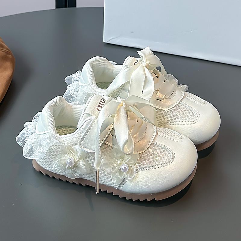 Girls Lace Bow Pearl Decor Breathable Mesh Casual Sneakers 23