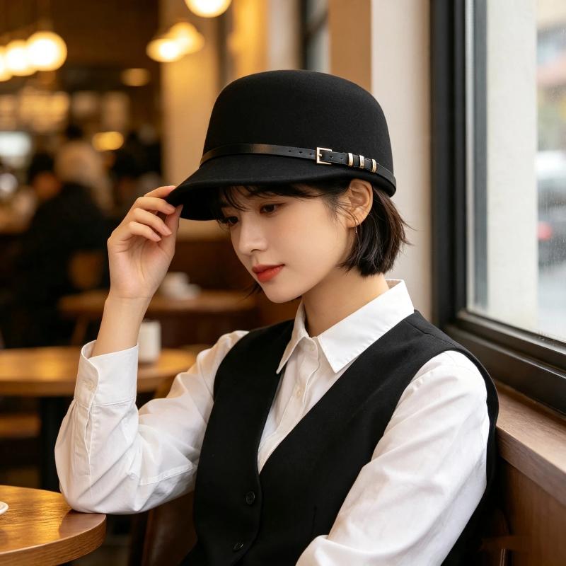 1Pcs Autumn Winter Belt Buckle Equestrian Hat Women'S British Retro Black Knight Show Face Small  Cap