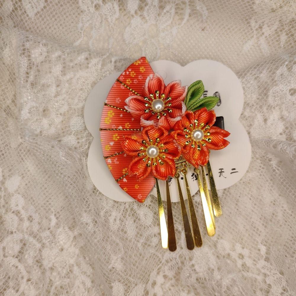 

Flower Tassel Fan Hairpin Sakura Japanese Kimono Headwear Cute Children рожевий