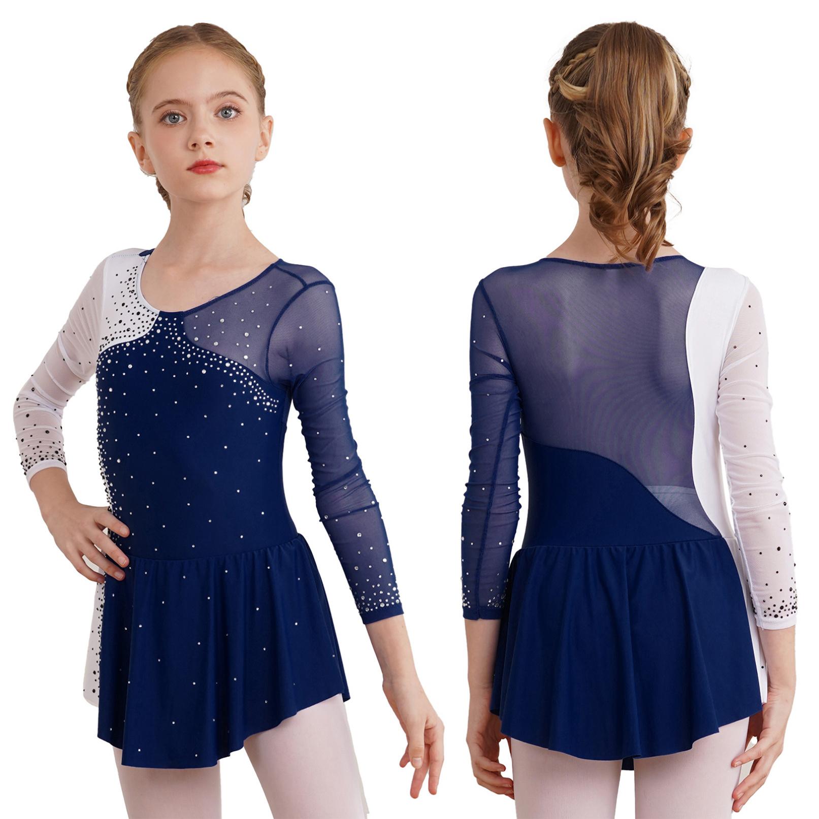 Tiaobug Stijlvolle balletdansjurk voor meisjes, ronde hals, glanzende strass versierde gymnastiekpakjes, feestkleding 13-14 Years marineblauwe kleur