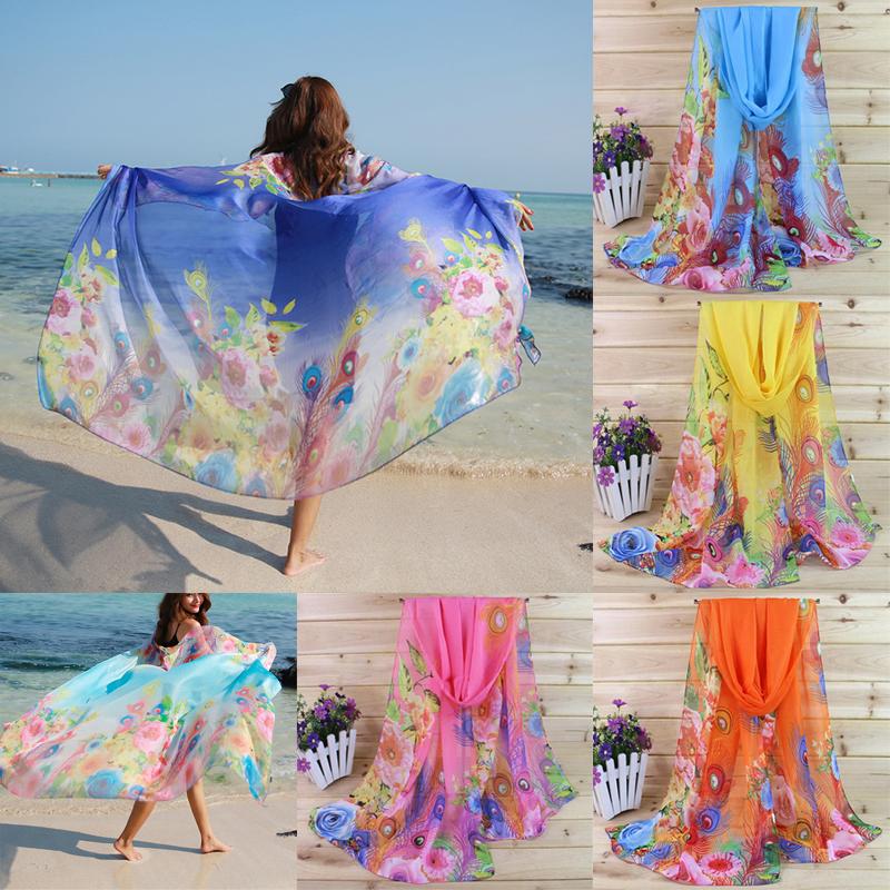 Châle en Mousseline de Soie Mode Femme Protection Solaire Écharpe en Soie Accessoires Longue Cape Été Serviette de Plage Imprimé Floral Enveloppement Sarong 160x50cm
